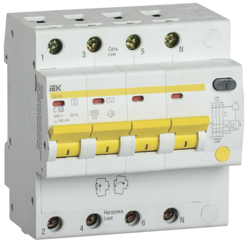 Выключатель автоматический дифференциальный АД14S 4п 50А C 300мА тип AC (5 мод) | код. MAD13-4-050-C-300 | IEK 